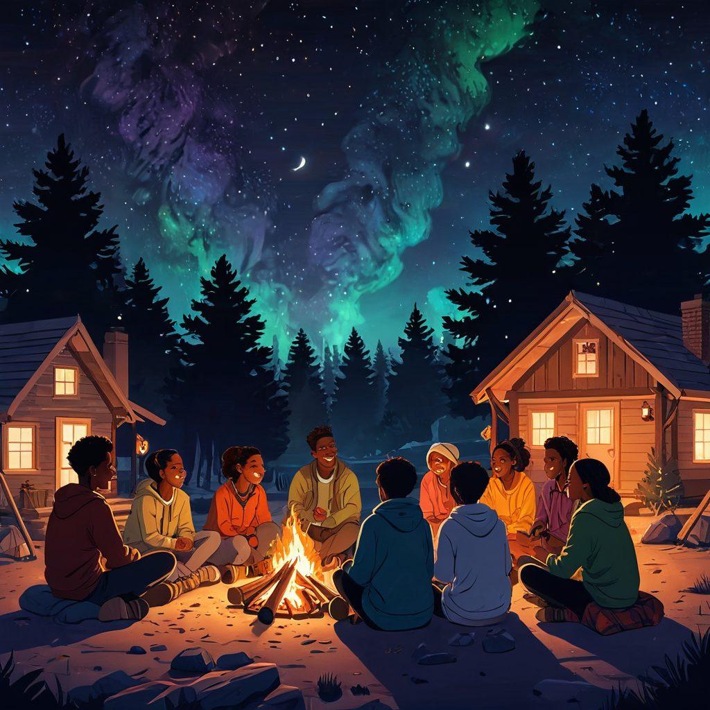 A vibrant scene of diverse teenagers gathered around a cozy campfire, sharing stories and laughing, with a serene night sky above. In the background, a supportive community center with warm glowing lights, symbolizing unity and support. Illustration style with vibrant colors, comforting and inclusive atmosphere.