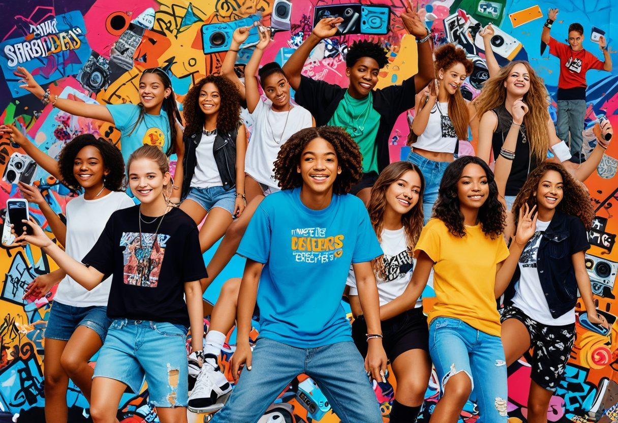 A dynamic collage of young, diverse teens engaging in various activities like dancing, skateboarding, vlogging, and studying, surrounded by symbols of trending tech gadgets, fashion, music, and inspirational quotes. Pop culture icons and vibrant graffiti form the backdrop. super-realistic. vibrant colors. energetic atmosphere.